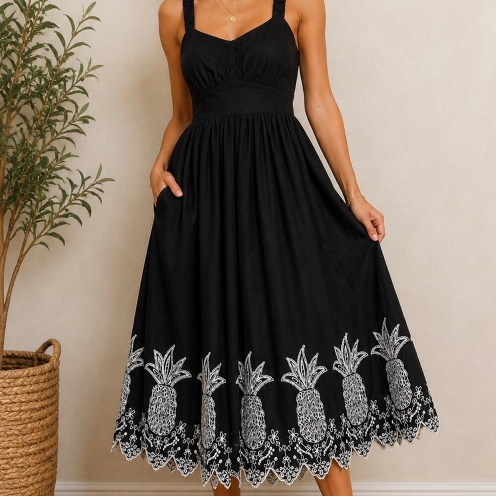 London Times Black Embroidered Pineapple Cotton Sundress